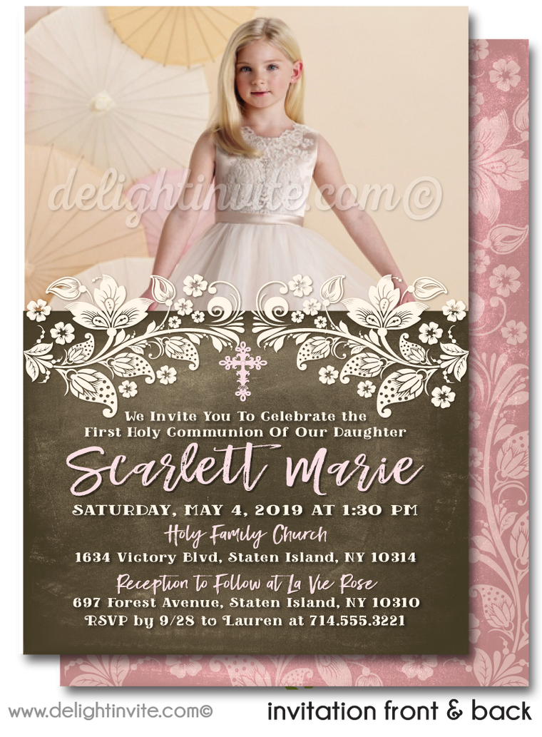 Vintage Lace Rosegold First 1st Holy Communion Invites for Girls