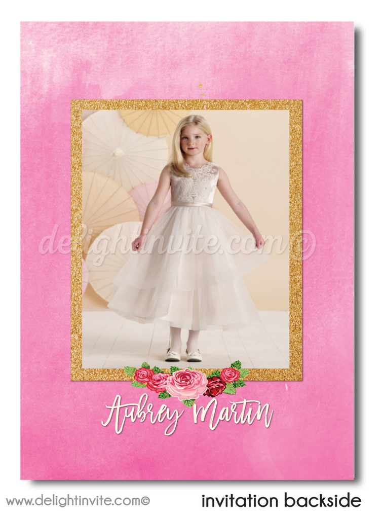 Shabby Chic Rose Pink and Gold First 1st Holy Communion Invitation Digital Download