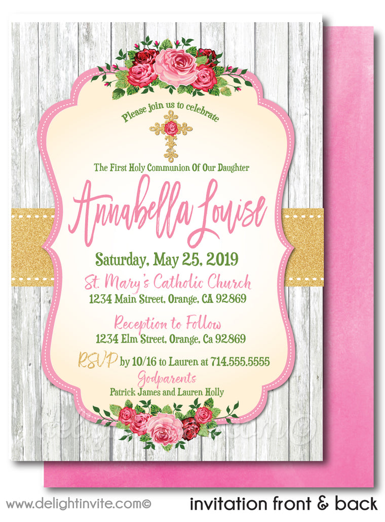Vintage Shabby Chic Rose First 1st Holy Communion Invites for Girls