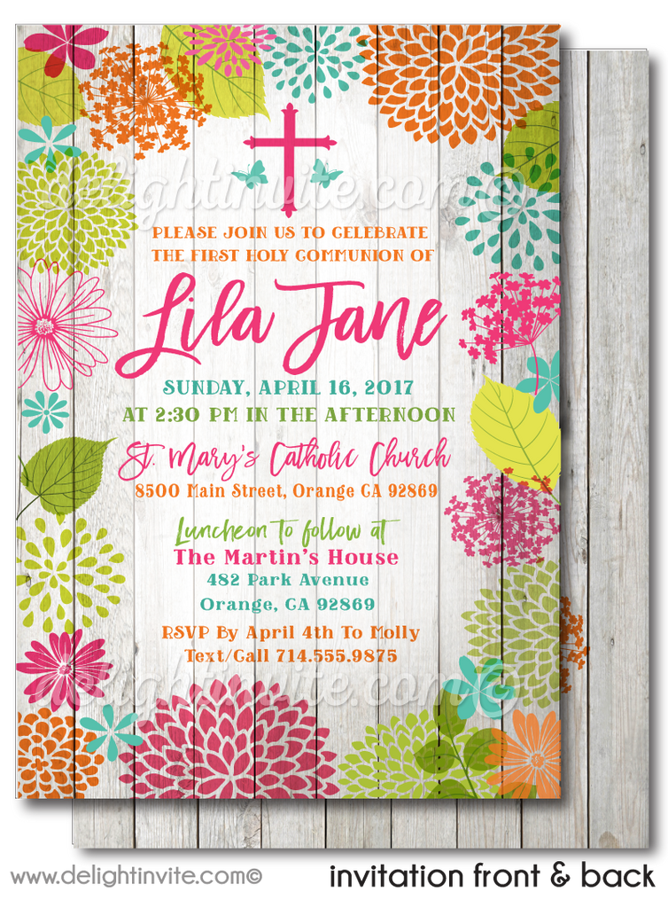 Girls' Botanical Floral Spring First 1st Holy Communion Invitation Digital Download