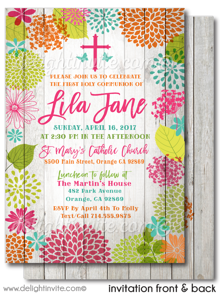 Girls' Botanical Floral Spring First 1st Holy Communion Invitation Digital Download