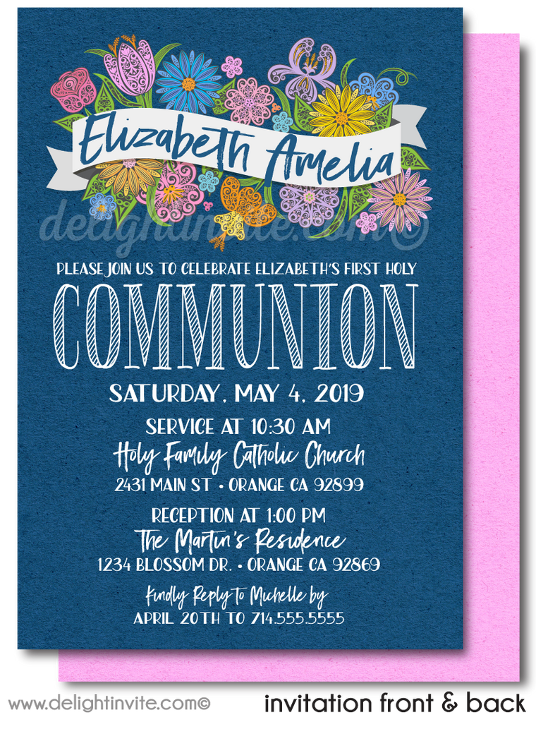 Navy and Pink Floral First 1st Holy Communion Invites for Girls