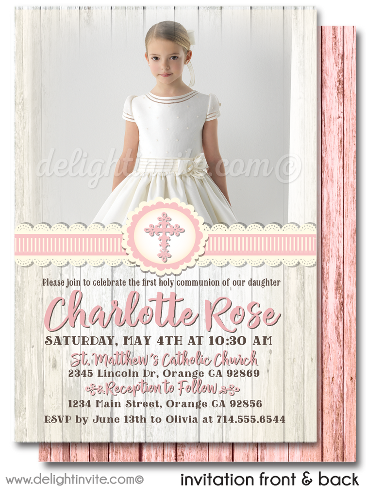Rustic Pink Lace First 1st Holy Communion Invitation Digital Download