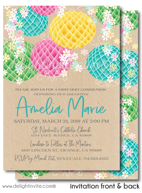 Spring Lanterns Girls First Holy Communion Invitations