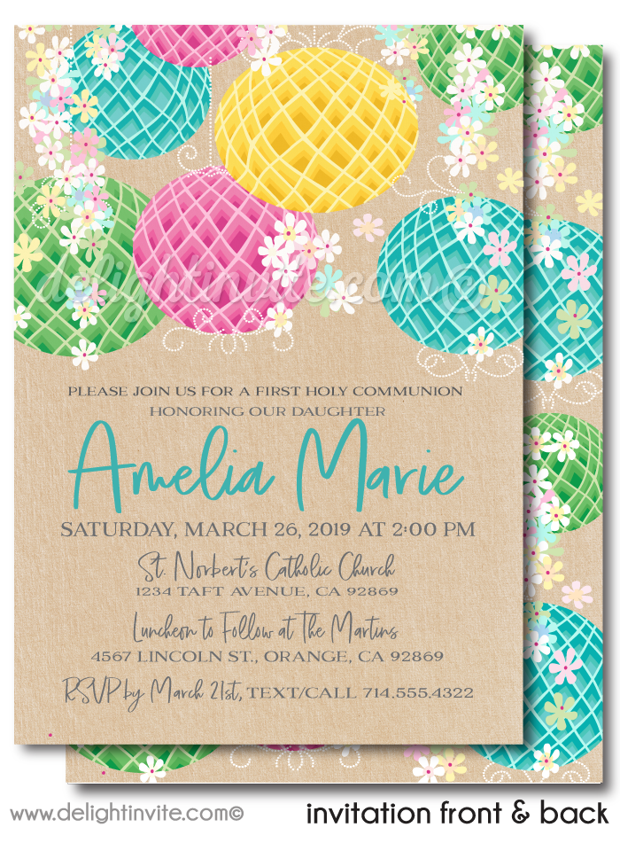 Spring Lanterns Girls First Holy Communion Invitations
