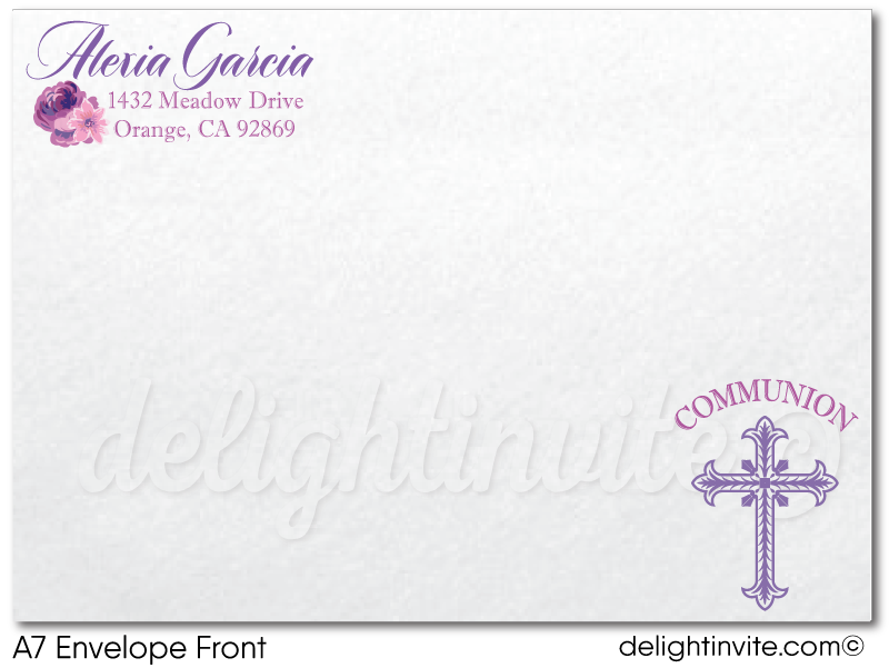 Beautiful Purple Lilac Floral Watercolor First 1st Holy Communion Invitation Digital Download