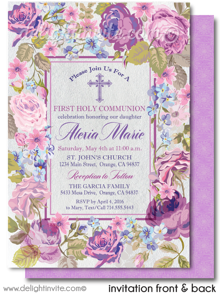 Violet Roses 1st First Holy Communion Invites for Girls