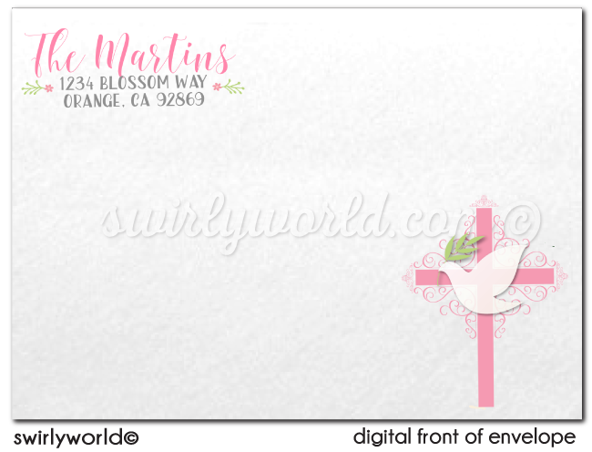 Vintage Pink Doves Girl Floral Baptism Invitation Digital Download