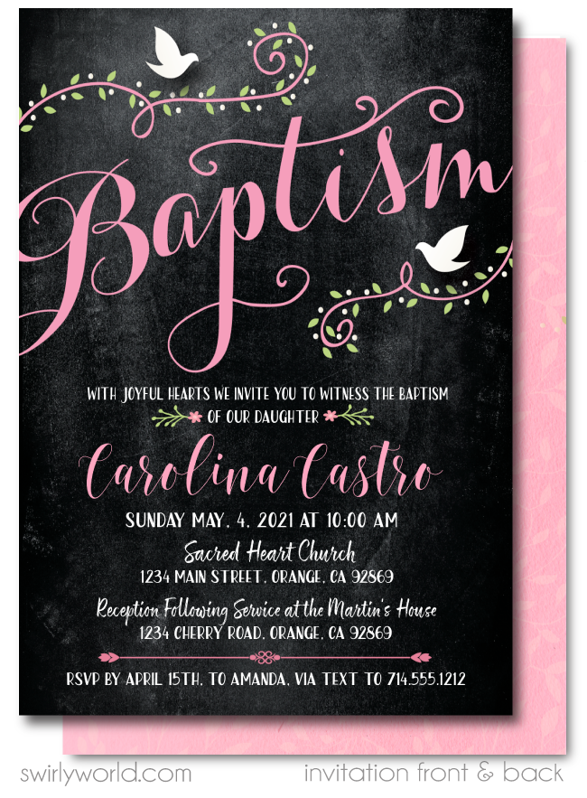 Vintage Pink Doves Girl Floral Baptism Invitation Digital Download