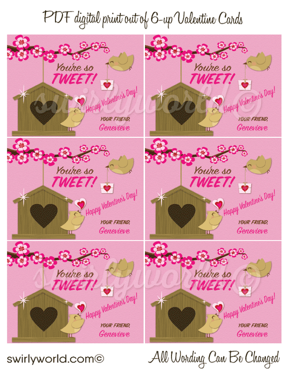 Fall in LOVE with this adorable "You're So Tweet" theme digital printable Valentine's Day cards for girls.