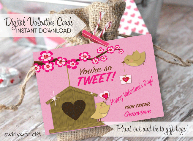 Fall in LOVE with this adorable "You're So Tweet" theme digital printable Valentine's Day cards for girls.