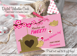Fall in LOVE with this adorable "You're So Tweet" theme digital printable Valentine's Day cards for girls.