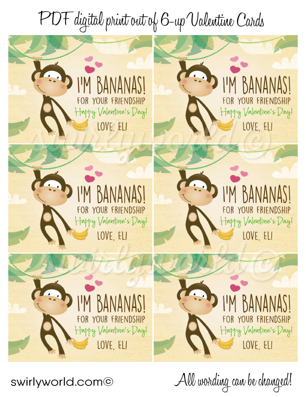 digital download gender neutral unisex Monkey bananas for your friendship school classroom Valentine's day cards for kids.
