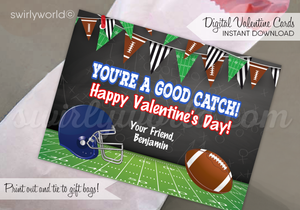 NFL FOOTBALL Valentine's Day cards for boys. School Classroom digital printable NFL football team Valentine's Day cards for boys. Check out this awesome "You're a Catch" football Super-Bowl sports theme digital printable Valentine Cards for kids classroom! 