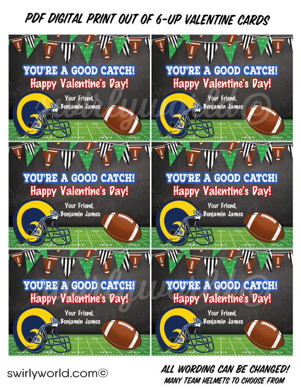 NFL FOOTBALL Valentine's Day cards for boys. School Classroom digital printable NFL football team Valentine's Day cards for boys. Check out this awesome "You're a Catch" football Super-Bowl sports theme digital printable Valentine Cards for kids classroom! 