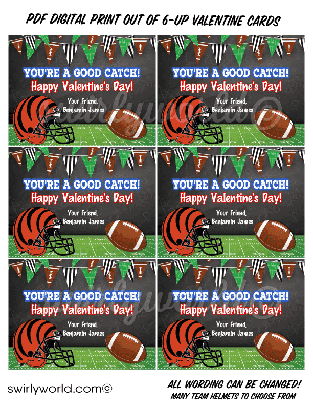 NFL FOOTBALL Valentine's Day cards for boys. School Classroom digital printable NFL football team Valentine's Day cards for boys.