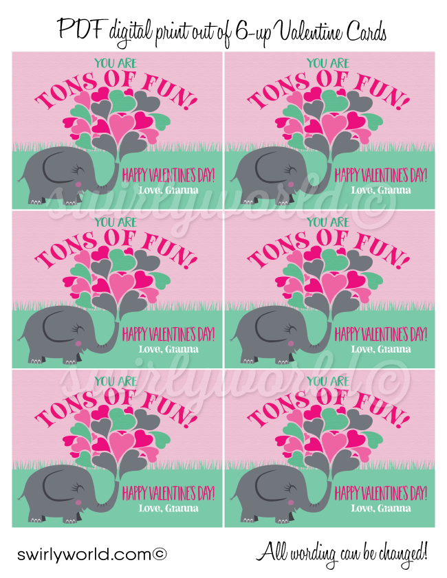 Cute retro modern baby elephant Valentines day cards for girls. School classroom valentine cards for girls. Tons of Fun Elephant