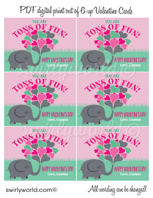Cute Elephant Girls Classroom School "Tons of Fun" Valentine Cards for Digital Download