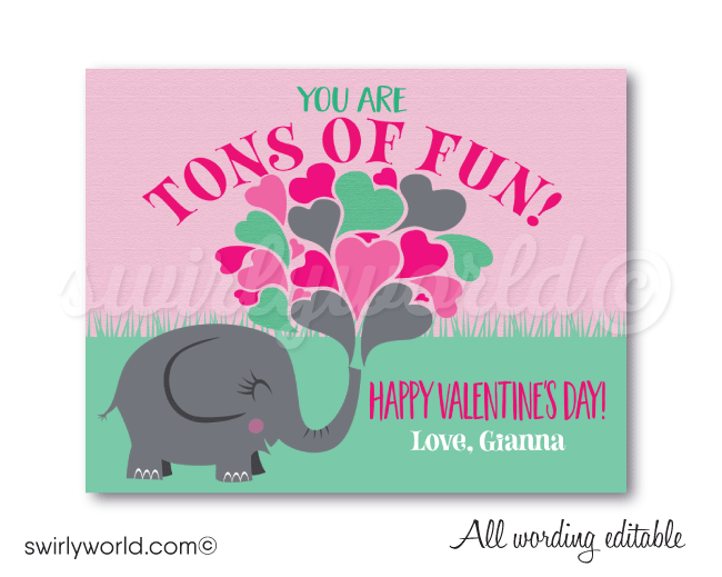 Cute Elephant Girls Classroom School "Tons of Fun" Valentine Cards for Digital Download
