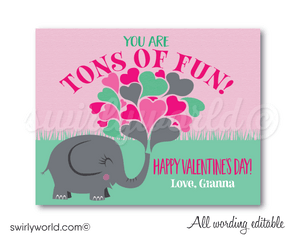 Cute Elephant Girls Classroom School "Tons of Fun" Valentine Cards for Digital Download