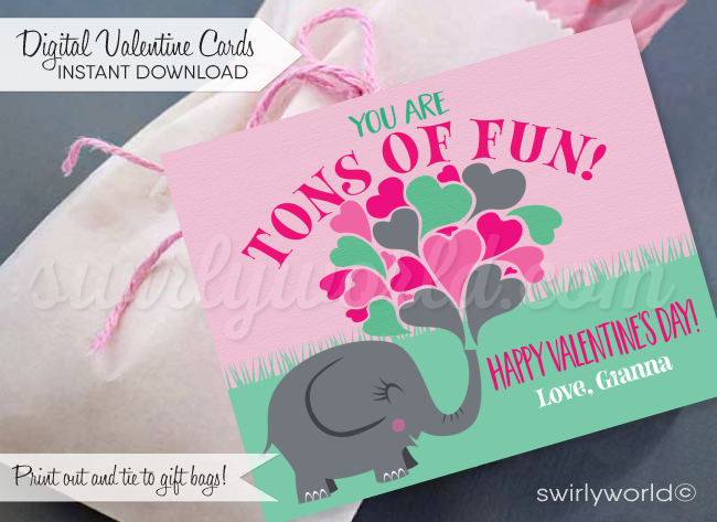 Cute retro modern baby elephant Valentines day cards for girls. School classroom valentine cards for girls. Tons of Fun Elephant