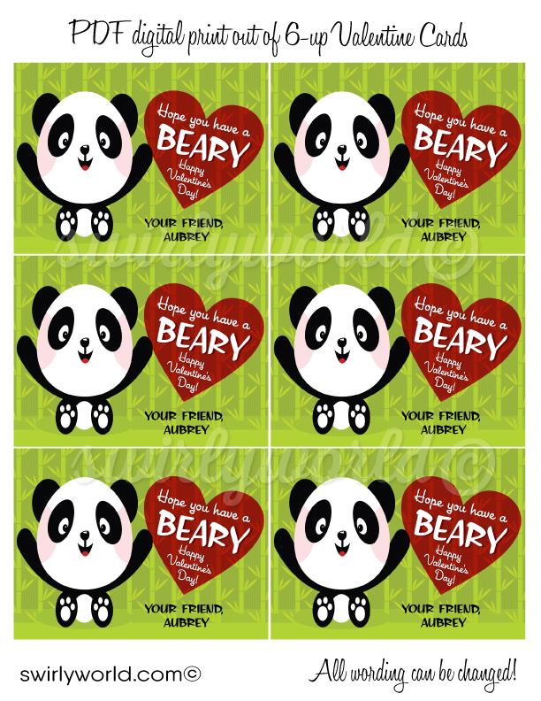 cute retro china panda kids gender neutral digital printable valentine's day cards for classroom