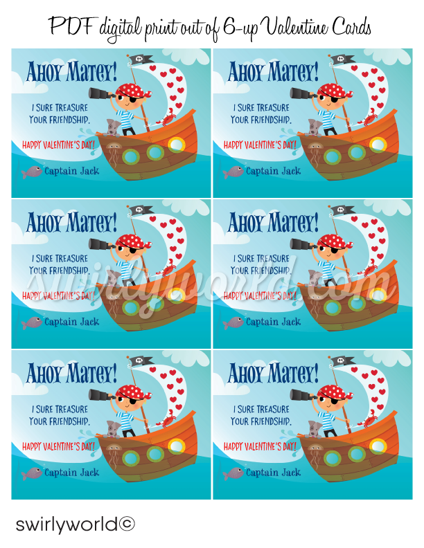 Awesome ship captain pirate Valentine's day digital printable cards for boys school classroom.
