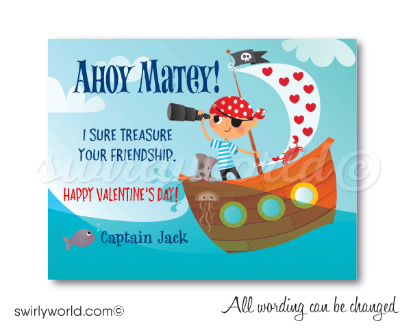 Awesome ship captain pirate Valentine's day digital printable cards for boys school classroom.
