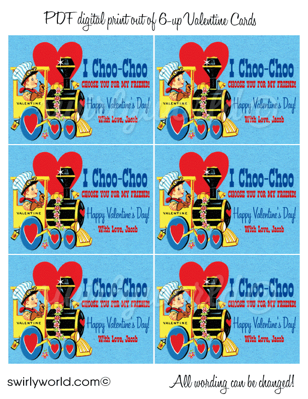 Vintage 1950s Choo Choo Train Retro Valentine Cards for Boys School Classroom