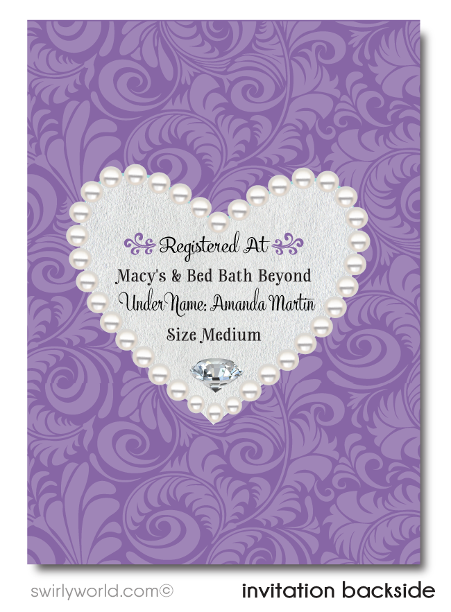 Elegant Purple Diamonds and Pearls Printed Bridal Shower Invitations