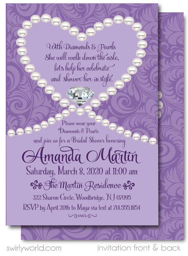 Elegant Purple Diamonds and Pearls Printed Bridal Shower
