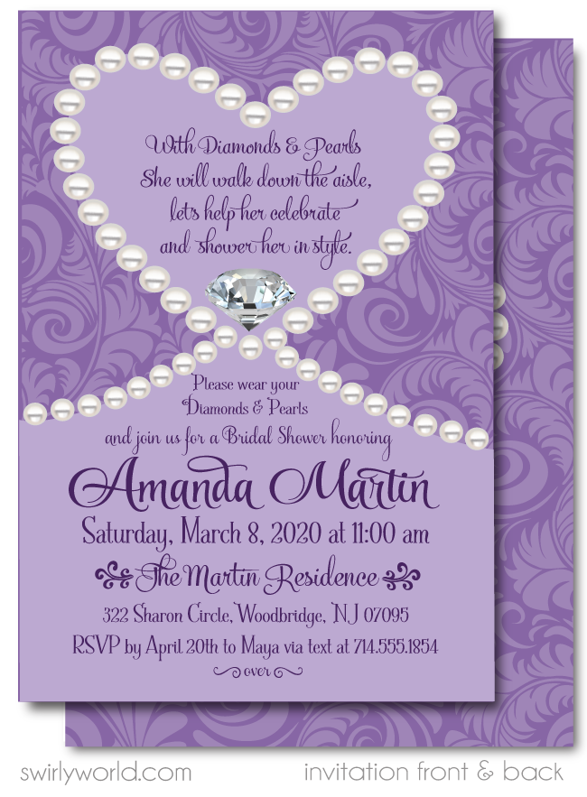 Elegant Purple Diamonds and Pearls Printed Bridal Shower Invitations