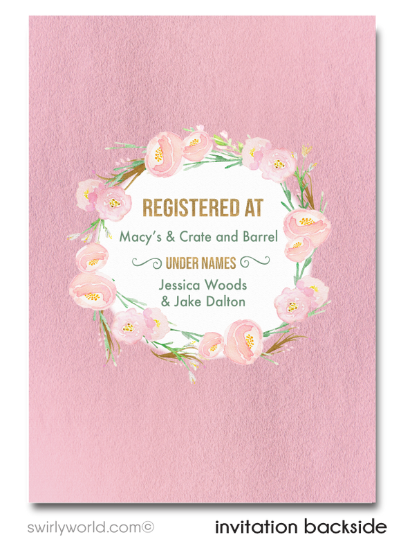 Beautiful Floral Gold and Blush Pink Roses Bridal Shower Invitation Digital Download