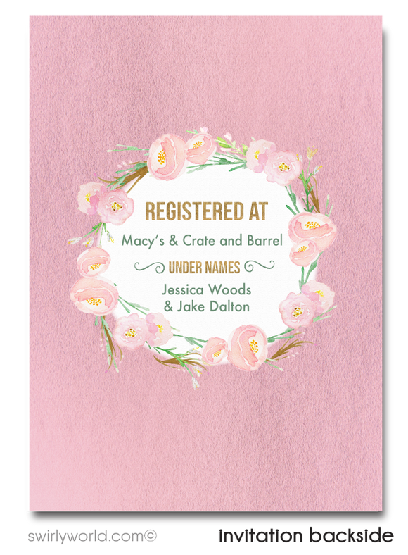 Beautiful Floral Gold and Blush Pink Roses Bridal Shower Printed Invitations