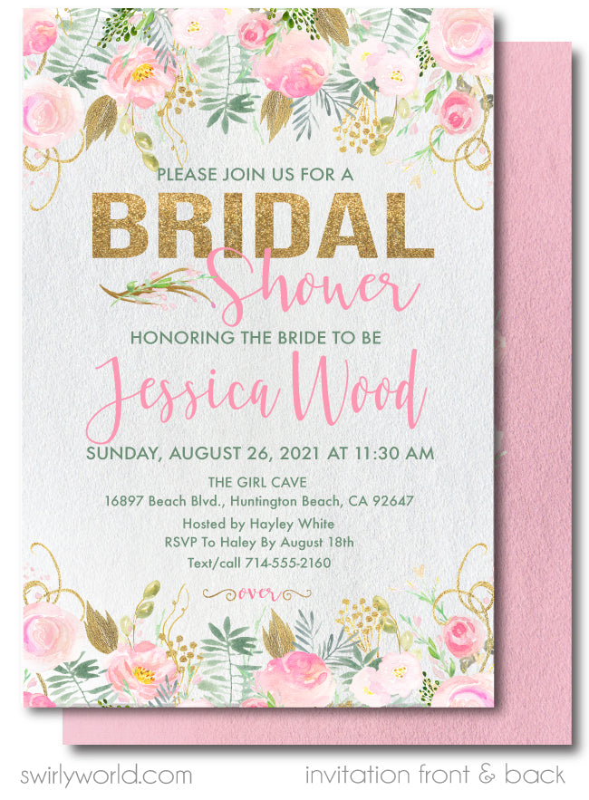 Beautiful Floral Gold and Blush Pink Roses Bridal Shower Printed Invitations