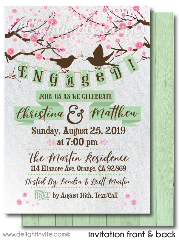 Rustic Wood Love Birds Cherry Blossom Trees Party Engagement Party Invitation