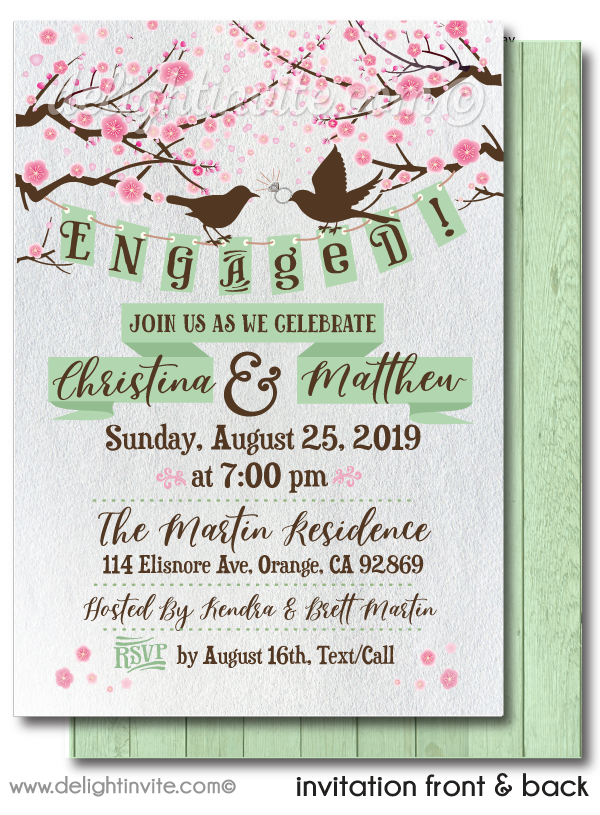 Rustic Engagement Party Invitations, Love Birds Engagement Invites, Romantic Cherry Blossom Engagement Party Invitations