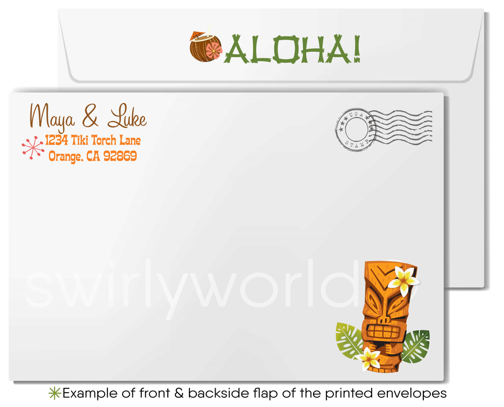 Retro 1960s mid-century modern Hawaiian tiki luau atomic engagement party invitations; digital invitation, thank you, & envelope design.