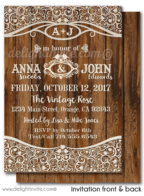 Rustic Engagement Party Invitations, Love Birds Engagement Invites, Romantic Rustic Wood Engagement Party Invitations