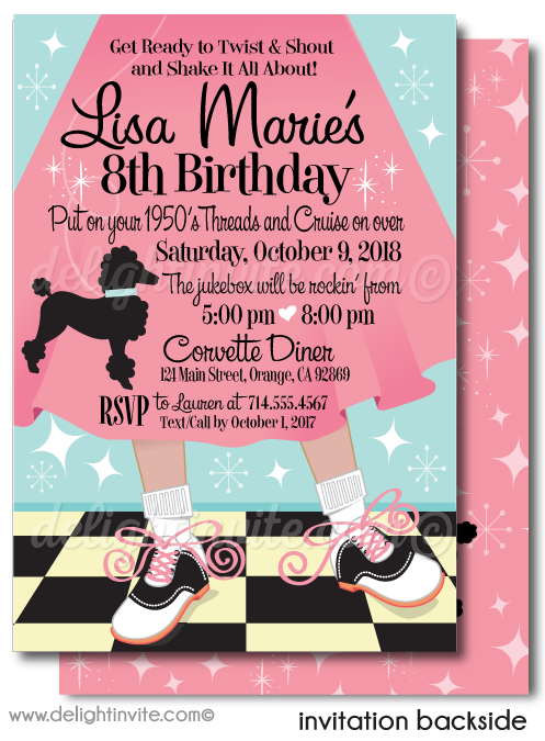 Retro 1950s Grease Poodle Skirt Sock Hop Fifties Birthday Party Invitation Envelopes
