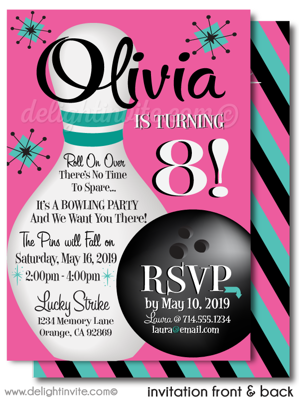 Strike Out Retro Pink and Turquoise Bowling Birthday Party Invitations for Girls