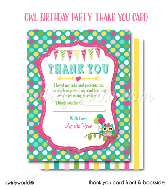 Look Who's Two? Cute Owl 2nd Birthday Party Invitation & Thank You Card Digital Download