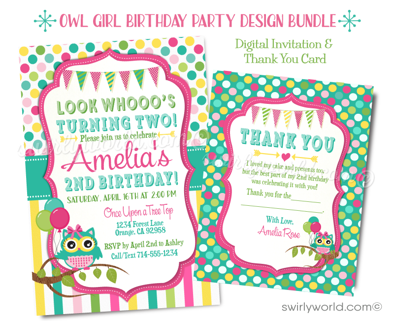 Look Who's Turning Two Owl Birthday Party Invitation Design Set. 2nd birthday party ideas for girls. Girl baby birthday party invitation theme. Owl birthday design. Digital design bundle for girl birthday party
