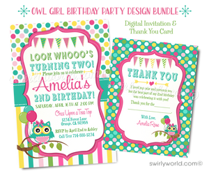 Look Who's Turning Two Owl Birthday Party Invitation Design Set. 2nd birthday party ideas for girls. Girl baby birthday party invitation theme. Owl birthday design. Digital design bundle for girl birthday party