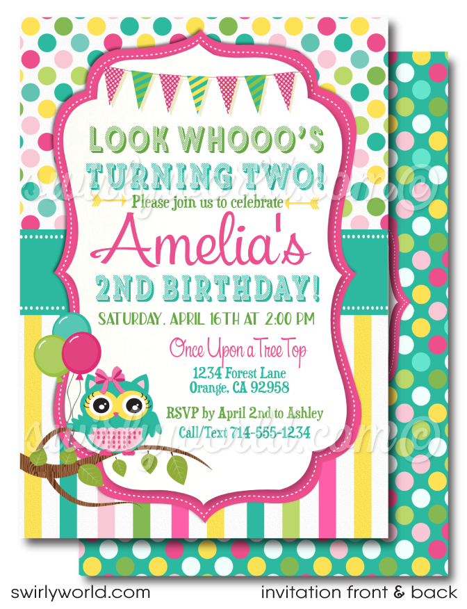 Look Who's Turning Two Owl Birthday Party Invitation Design Set. 2nd birthday party ideas for girls. Girl baby birthday party invitation theme. Owl birthday design. 