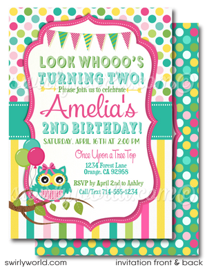 Look Who's Turning Two Owl Birthday Party Invitation Design Set. 2nd birthday party ideas for girls. Girl baby birthday party invitation theme. Owl birthday design. 