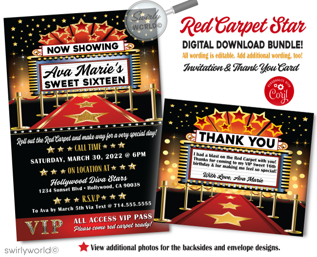 VIP Red Carpet, Star is Born, Name in Lights, Hollywood Celebrity birthday party invitations and thank you cards for instant digital download.