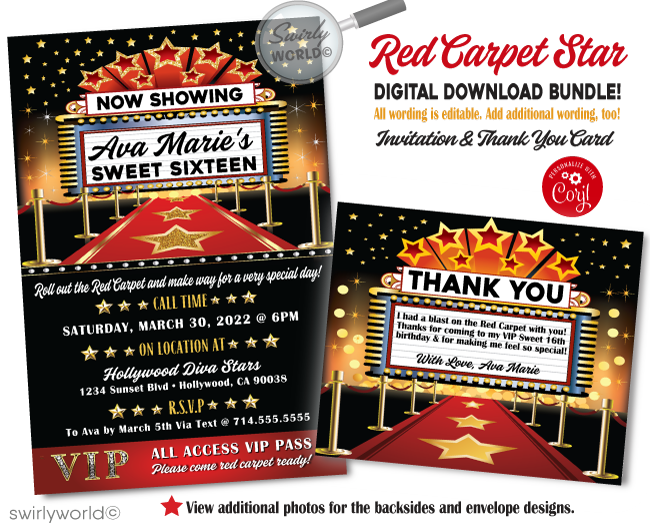 Roll out the red carpet with our VIP "A Star is Born" Movie Star Themed Birthday Party Invitation Set! 🎬✨ Perfect for a Hollywood-inspired celebration, featuring luxurious designs and "Name in Lights" motifs. Includes digital invites, thank you cards, and envelopes. Make your guest of honor feel like a star! 🌟🎉