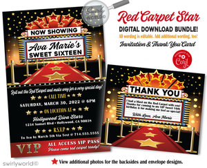 Roll out the red carpet with our VIP "A Star is Born" Movie Star Themed Birthday Party Invitation Set! 🎬✨ Perfect for a Hollywood-inspired celebration, featuring luxurious designs and "Name in Lights" motifs. Includes digital invites, thank you cards, and envelopes. Make your guest of honor feel like a star! 🌟🎉