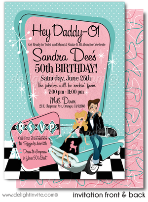 Hey Daddy-O! Check out these swanky retro 1950's style Sock Hop Juke Box Grease Pink Ladies birthday party invitations!
